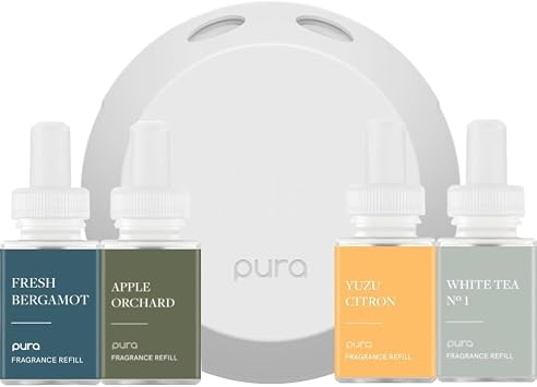Pura - Smart Home Fragrance Device Starter Set - Pura 4 - Scent Diffuser for Home - Includes Fragrance Aroma Diffuser & 4 Refills Fresh Bergamot, Apple Orchards, Yuzu Citron, White Tea No. 1 Scent