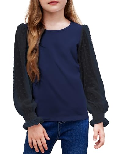 Arshiner Mädchen Langarmshirt mit gesmokten Rüschenmanschetten Polka Schweizer Dots Kinder Pullover Shirts Süßes Rundhals Oberteil Bluse für Mädchen Marineblau 120