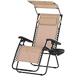 Outsunny Foldable Reclining Garden Chair with Headrest, Zero Gravity Deck Sun Lounger Seat Chair with Footrest, Armrest, Cup Holder & Canopy Shade, Beige