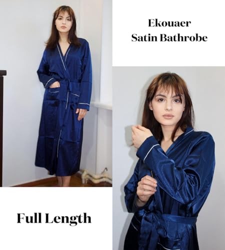 Image of Ekouaer Satin Robes for Women Long Sleeve Silk Bathrobe Soft Lightweight Full Length Sleepwear Bridesmaid Wedding Party Robes
