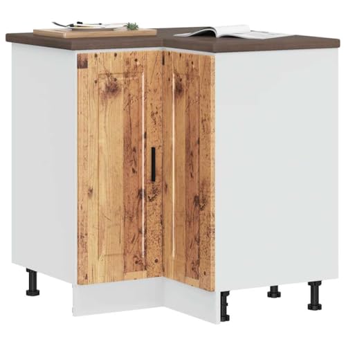 Image of HengCaDa Porto Kitchen Corner Cabinet Reclaimed Wood Effect Wood Material with Adjustable Feet, Robust Storage Space, 75.5 x 75.5 x 81.5 cm, Ideal for Kitchen Cabinets, Sideboard, Chest of Drawers