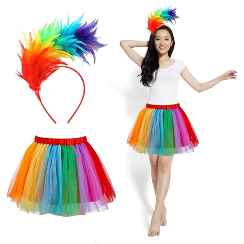 Topzora Regenbogen Kostüm Damen - Tüllrock mit Bunt Feder Stirnband für Karneval, Halloween, Kostümparty, Mottoparty