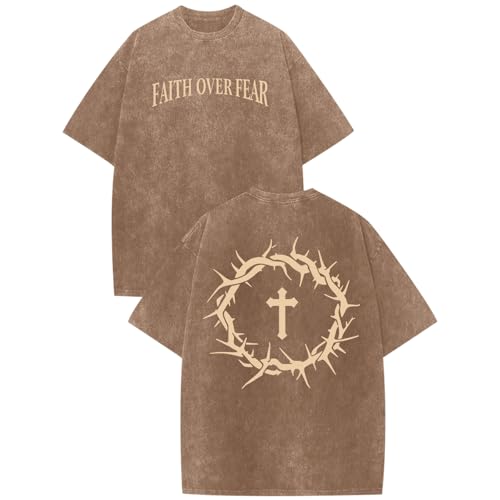 Hiehiety Mens Faith Over Fear Christian Shirts Jesus God Religious Bible Verse Cross Tshirt Oversized Acid Wash Graphic Tees (Coffee,XL)