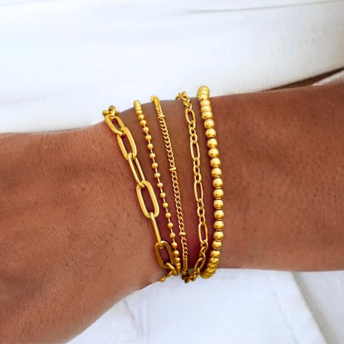 Waterproof Gold Chain Bracelet For Women Non Tarnish,14K Gold Plated Stainless Steel Link Dainty Bracelets Stake Layered Bracelet Set Hypoallergen Gold Jewelry