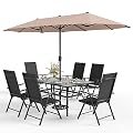 Sophia & William 7 Pieces Patio Dining Set with 13ft Beige Umbrella, Folding Outdoor Dining Chairs for 6, Rectangular Metal Patio Table and Sling Chairs Set, Black