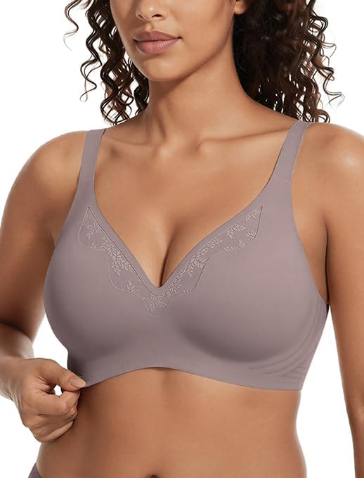Showyoo Women's Seamless Jelly Bras Full Coverage Bralette No Underwire Comfort T-Shirt Bra with Lace Panel Insert Gray XL