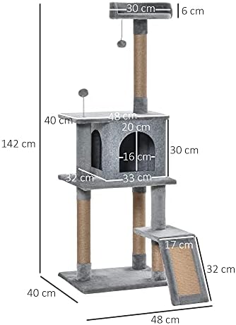 PawHut Cat Tree Tower 142cm Climbing Kitten Activity Center with Jute Scratching Post Board Perch Roomy Condo Removable Felt Hanging Toy, Grey