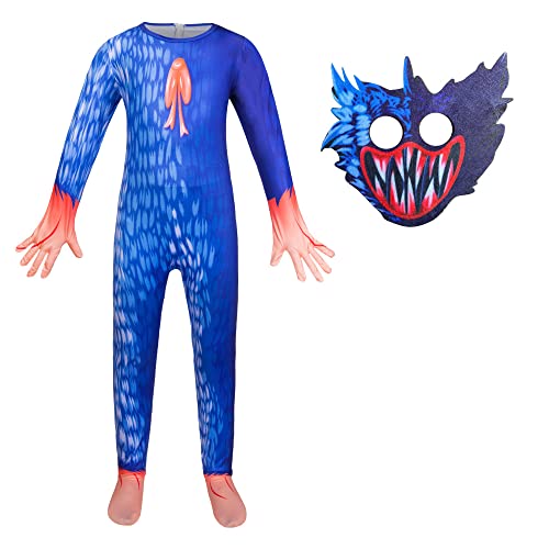 Xpialong Huggy Wuggy Costume pour Enfant,Jeu de Dessin animé Cosplay Carnaval Monster Jumpsuit (Blue,8-9 Ans) Cover