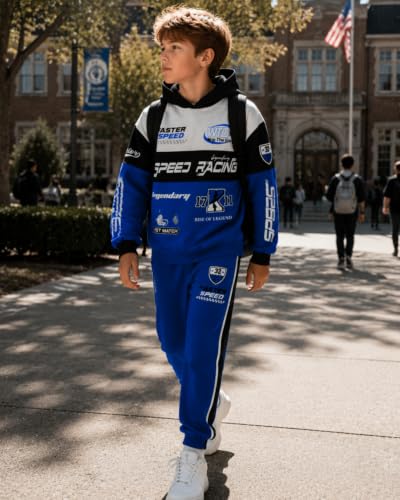 Image of Boy 2 Piece Outfits Long Sleeve Racing Hoodie Top and SweatPants Fall Winter Clothing Set Sizes 5-12 Years