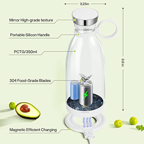 Image of 11.8 Oz Portable Blender, Fresh Juice Blender for Shakes & Smoothies-White | For Shakes and Smoothies,Magnetic USB Fast Charging Mini Mixer Bottle,Take It for Traveling,Outdoor,Gym,Office,Cars,Gift