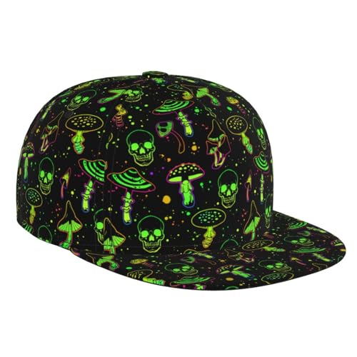 Bright Mushrooms and Skulls Snapback Hat for Men Women Stylish Mushroom Flat Bill Hat Baseball Caps Adjustable Flat Brim Hip Hop Trucker Hats Sun Cap