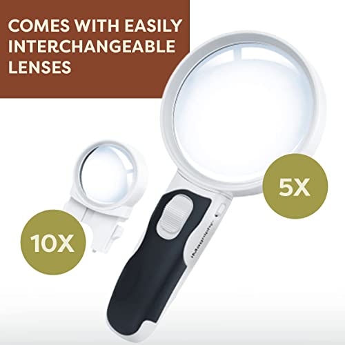 iMagniphy Powerful Magnifying Glass with Light- Senior Citizen Gifts- 5X & 10X Handheld Magnifying Glass with 2 Interchangeable Lenses- Lighted Magnifier for Seniors with Macular Degeneration