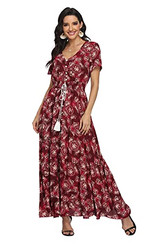 Image of VintageClothing Women's Floral Maxi Dresses Boho Button Up Split Summer Casual Long Dress Beach Party Dress