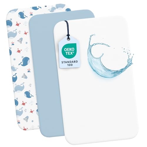 Dreamzie 2 Sabanas Minicuna + 1 Protector Colchón Cuna Impermeable Bebe⎥100% Algodón para Cuna, Moisés   55x90 cm Estampado Ocean