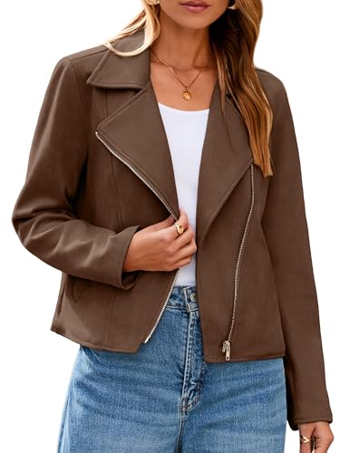 Glamaker Womens Faux Suede Jackets Long Sleeve Casual Cropped Zipper Biker Moto Jacket Fall Winter Outfits(Brown,Large)