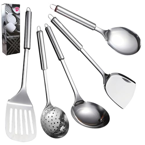 LEKEFETO Juego de utensilios de cocina de acero inoxidable de 5 piezas con cuchara, cucharón, espátula, espátula y espumadera, incluye colgador, acero inoxidable 304, color plateado