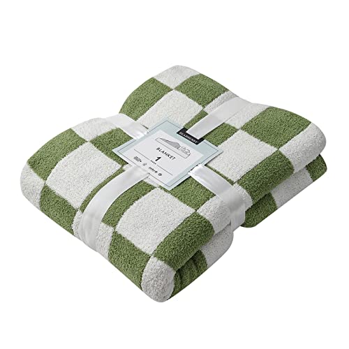 Bearberry Fuzzy Checkerboard Grid Throw Blanket Knitted Soft Cozy Warm Microfiber Bed Blanket Decor For Couch Sofa Bed Travel Home (Avocado Green, 60''X80'') #TOP2