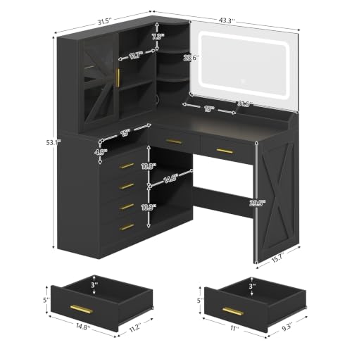 Image of Black L-Shaped Corner Vanity with LED Lighted Mirror & Open Storage Shelves