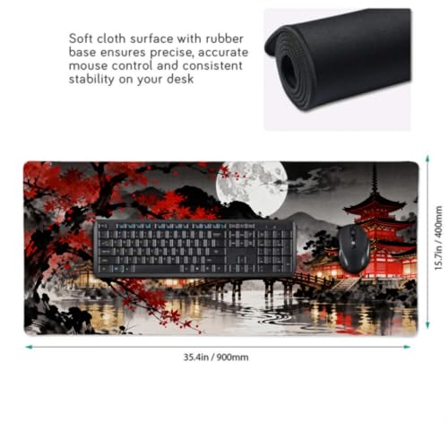Image of Black Red Japanese Mouse Pad 35.4x15.7 XXL Maple Leaves Tree Lake Pavilion Watercolor Extended Large Mousepad Keyboard Mouse Mat Desk Pad with Non-Slip Rubber Base Stitched Edges for Home Office Game
