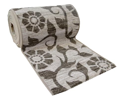 Exma Alfombra de Pasillo Antideslizante | Alfombra Pasillo Estampados | Fácil Limpieza | Alfombra Pasillero | Venta por Metros | 100cm x 57cm - Flor Ramas Beige Marrón Crema