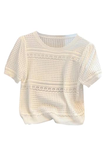 Verdusa Women's Hollow Out Sweater Knit Crew Neck Short Sleeve Lightweight Pullover Tops