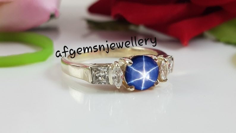 Round Natural Blue Star Sapphire Ring for Women, 925 Sterling Silver Wedding Promise Band, Handmade Boho Statement Jewelry, Anniversary, Engagement Ring