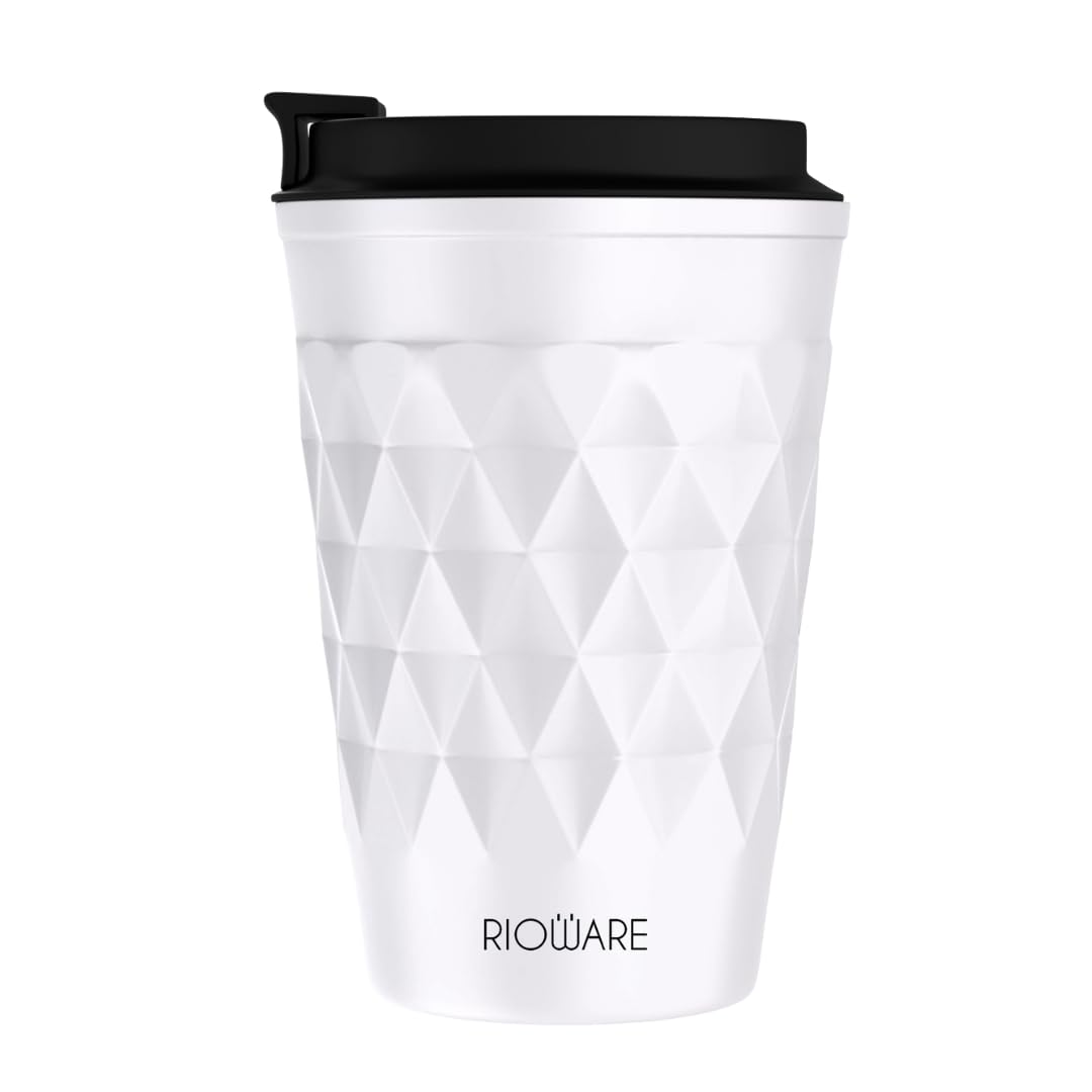 Vacuum Insulated Travel Coffee Mug with Lid Silicone Seal Keeps Cold for 14 Hours and hot for 8 Hours Hustle-Free Lock System - Stainless Steel 350ml(White)