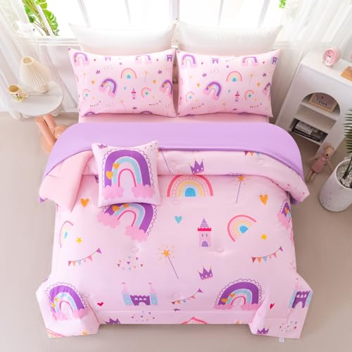 Image of Full Size Bedding Sets for Girls 6 Pieces Pink Rainbow Kids Comforter Set with Sheets Colorful Castle Printed Teen Girl Bed in A Bag for Bedroom Decor (Rainbow Castle, Full)