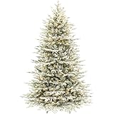 Hykolity 7.5 ft Prelit Snow Flocked Christmas Tree, 2933 PE&PVC Realistic Branch Tips, Artificial Twinkling Christmas Tree with 450 Warm White LED Lights, Metal Stand and Hinged Branches
