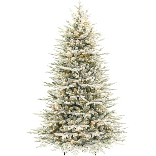 Hykolity 7.5 ft Prelit Snow Flocked Christmas Tree, 2933 PE&PVC Realistic Branch Tips, Artificial Twinkling Christmas Tree with 450 Warm White LED Lights, Metal Stand and Hinged Branches