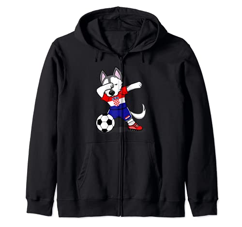 Dabbing Husky Croatia Football Croatian Flag Soccer Lovers Zip Hoodie, Black