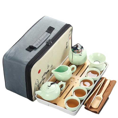 Kirnuo急須 湯呑セット マルチ ティーセット 茶具セット 茶器 茶皿 茶器乾燥ティートレー 旅行ティーセットーカップシンプルな和風 陶器 ティーポット 中国茶器 茶器揃 セラミックトラベルカンフーティーセットポータブルアウトドアセット (グリーン,ド