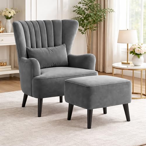 Image of Modern Velvet Wingback Accent Chair with Ottoman & Cushion for Living Room | Premium Upholstered Lounge Chair with Footrest |Grey