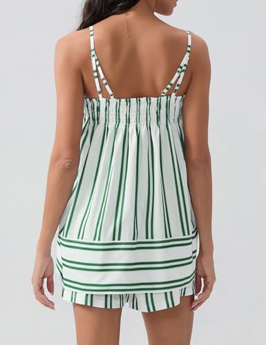 Image of Wyeysyt Women 2 Piece Lounge Set Striped Pajama Set Ruffle Hem Cami Tops and Stripe Boxer Shorts Pj Set Sleepwear