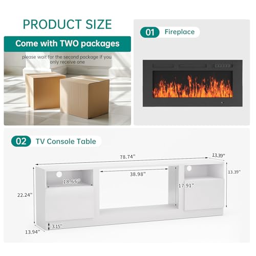 Image of MXV 80 inch Fireplace TV Stand for TVs Up to 90 inch, LED Light Entertainment Center with 36 inch Electric Fireplace, Modern Wood Texture TV Media Console with Highlight Storage Cabinet, White-Black