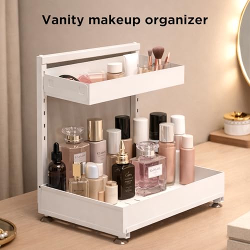Kovryx Under Sink Organizer Bathroom Kitchen: 2 Pack 2 Tier Metal Under Cabinet Storage with Height-adjustable Shelf and Pull out Rack for Pantry Vanity Cupboard Counter Countertop, White by Kovryx - Used condition - Image 8