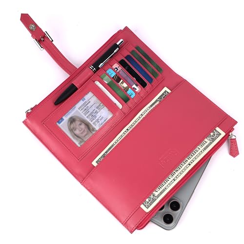 Image of Raizel Genuine Leather Clutch Purse for Women | Handheld Wallet with 2 Main Compartments, 1 Zipper Pockets, 5 Card Slots | Pink