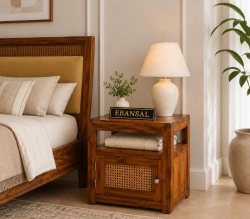 Image of Solid Sheesham Wood Bedside Table with Cane Door | Wooden Nightstand with Open Shelf & Storage Cabinet | Modern Side Table for Bedroom & Living Room