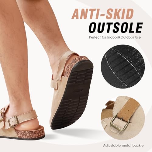 Image of Women's Suede Clogs with Back Strap Men's Cork Footbed Leather Mules Clogs for Women Comfort Memory Foam Slingback Clog Sandals with Adjustable Buckle Slip on Potato Shoes