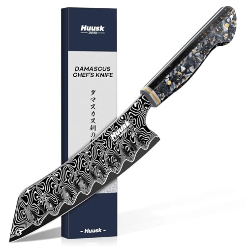 Huusk Damascus Japanese Chef Knife - Ultra Sharp Damascus VG-10 Kitchen Knife, Professional Santoku Knives with Ergonomic Resin Handle, Ideal Birthday Dad Mom Gift
