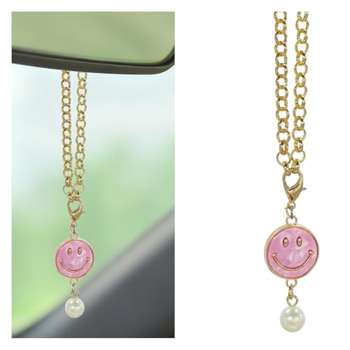 DEAELF Cute Car Hanging Ornament, Happy Smiley Face Car Rear View Mirrors Charm, Aesthetic Pearl Auto Decoration Pendant, Creative Vehicle Interior Mirror Accessories (Pink)