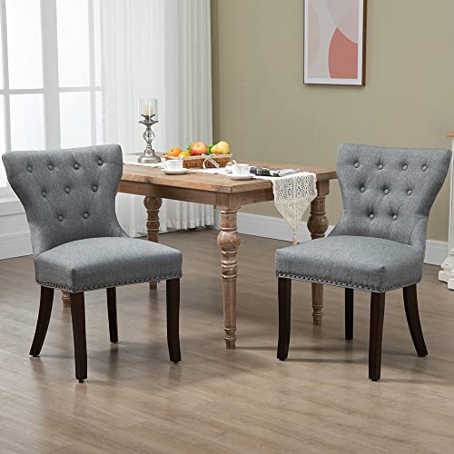 LSSBOUGHT Set of 2 Fabric Dining Chairs Leisure Padded Chairs with Brown Solid Wooden Legs,Nailed Trim (Gray)