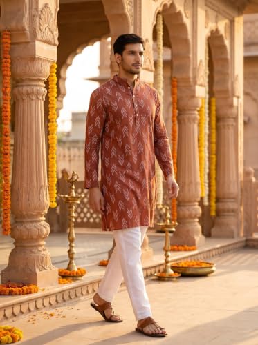 Image of Studio Shringaar Men's Cotton Blend Relaxed Fit Ikat Printed Knee Length Kurta