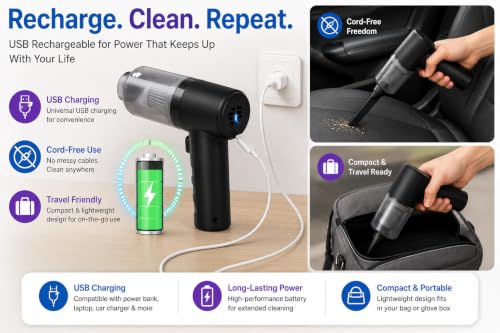 Image of 3-in-1 Mini Vacuum Cleaner with Blower & Ear Cleaner | USB Rechargeable Multipurpose Cleaning Tool for Keyboard, Laptop, Car, and Ear Wax | Compact Dust Remover with Attachments (Pack of 1)