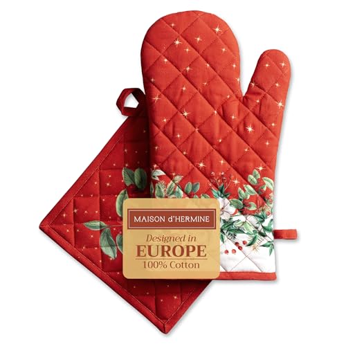 Maison d' Hermine Noel Ensemble de Gants de Four (19cm x 33cm) et maniques (20cm x 20cm) pour Barbecue, Cuisson, Four, Micro-Ondes, grillades, Thanksgiving, Noël