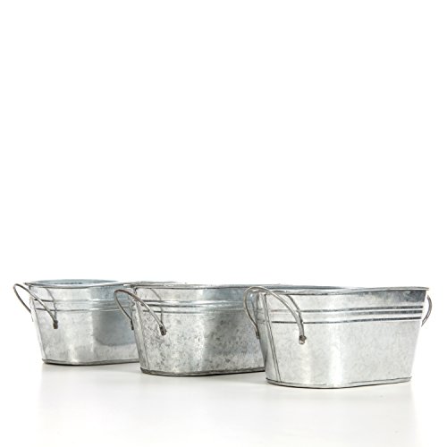 Hosley 3 Pack Of Galvanized Oval Planters 8 Inches Long (Handle To Handle) Ideal Farmhouse Decor For Weddings, Gift Special Events Parties Outdoor Planters W9 #TOP7