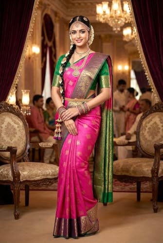 Image of VFCollections Women's Kanchipuram Silk Pure Pattu Sarees With Blouse