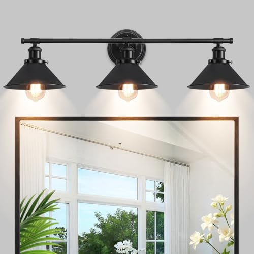TOULMJ Bathroom Light Fixtures Farmhouse Vanity Lights, 3 Light Bathroom Lighting Fixtures Over Mirror Wall Sconces with Metal Shade, Matte Black Vanity Lights for Bathroom (31.49'')