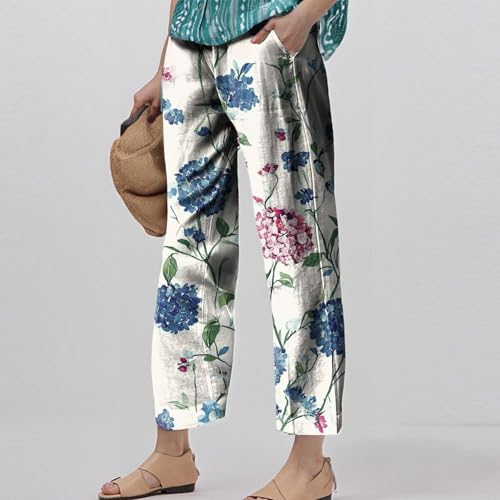 Womens Pants Boho Floral Linen Pants Elastic Waisted Casual Cotton Linen Drawstring Summer Beach Vacation Trouser3
