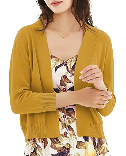 Qualfort 3/4 Sleeve Short Sleeve Cardigans For Women Open Front Knit Bolero Shrugs Sweaters For Dress Yellow X-Large #TOP28